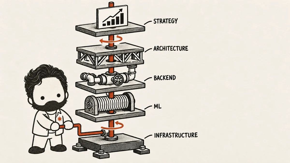 The mascot turns a crank at the foot of a single drive shaft that runs straight up through five stacked plates — infrastructure, ML, backend, architecture and strategy — one pair of hands driving the whole stack instead of one layer of it.